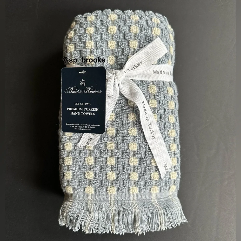 🎁2PC Brooks Brothers Premium Turkish Cotton Hand Towel Set -Waffle Blue & Ivory